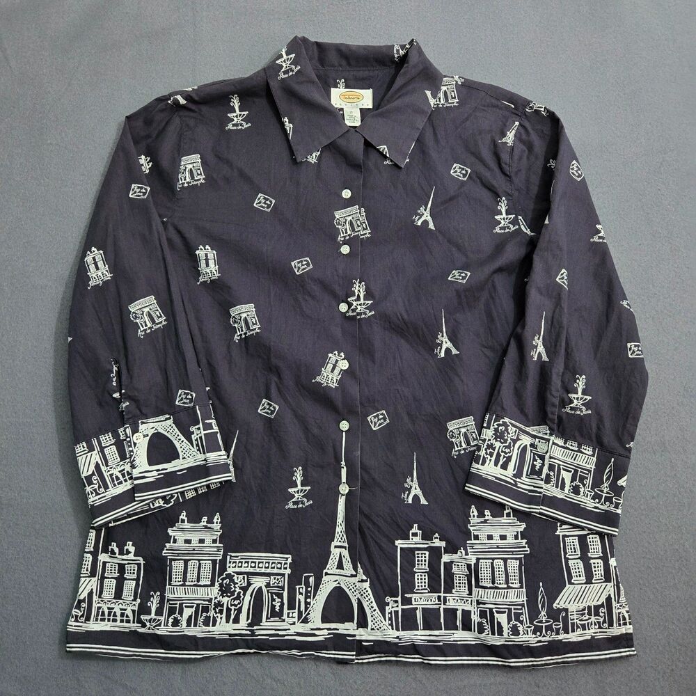 Talbots Women 12P Navy Button Front 3/4 Sleeve I Love Paris Shirt Cotton